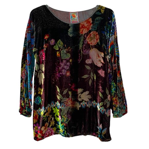 Johnny Was S Dark Floral Velvet Tunic Top Silk Blend Boho Lagenlook Winter - Picture 1 of 8